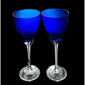 Set‎ of 2 Vintage Hand Blown Cobalt Blue With Clear Stem 9.5" Wine Glasses EUC